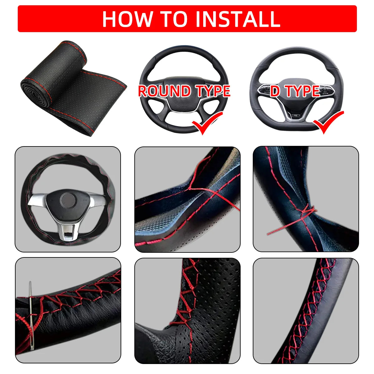 Car Steering Wheel Cover DIY Hand Woven Leather Breathable Steering Wheel Cover With Needle And Thread Protection Cover 37-38cm