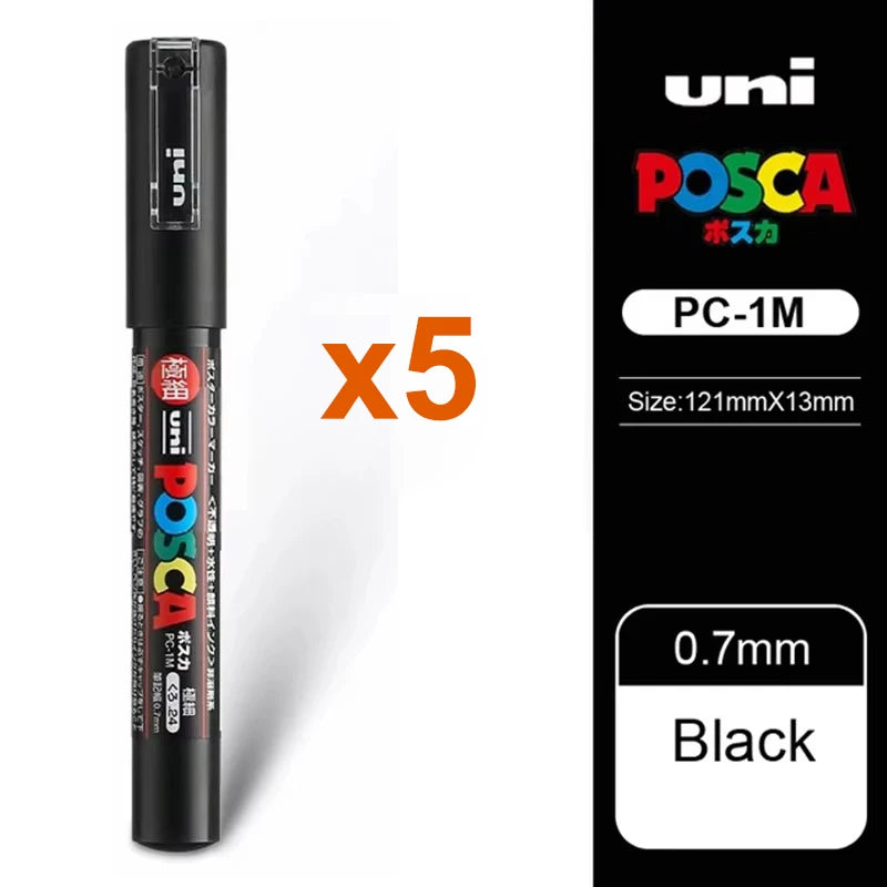 5pcs Japan UNI POSCA Markers Pen Acrylic White Black Highlighting Pen Graffiti PC-1M/3M/5M Wholesale Painting Art Supplies