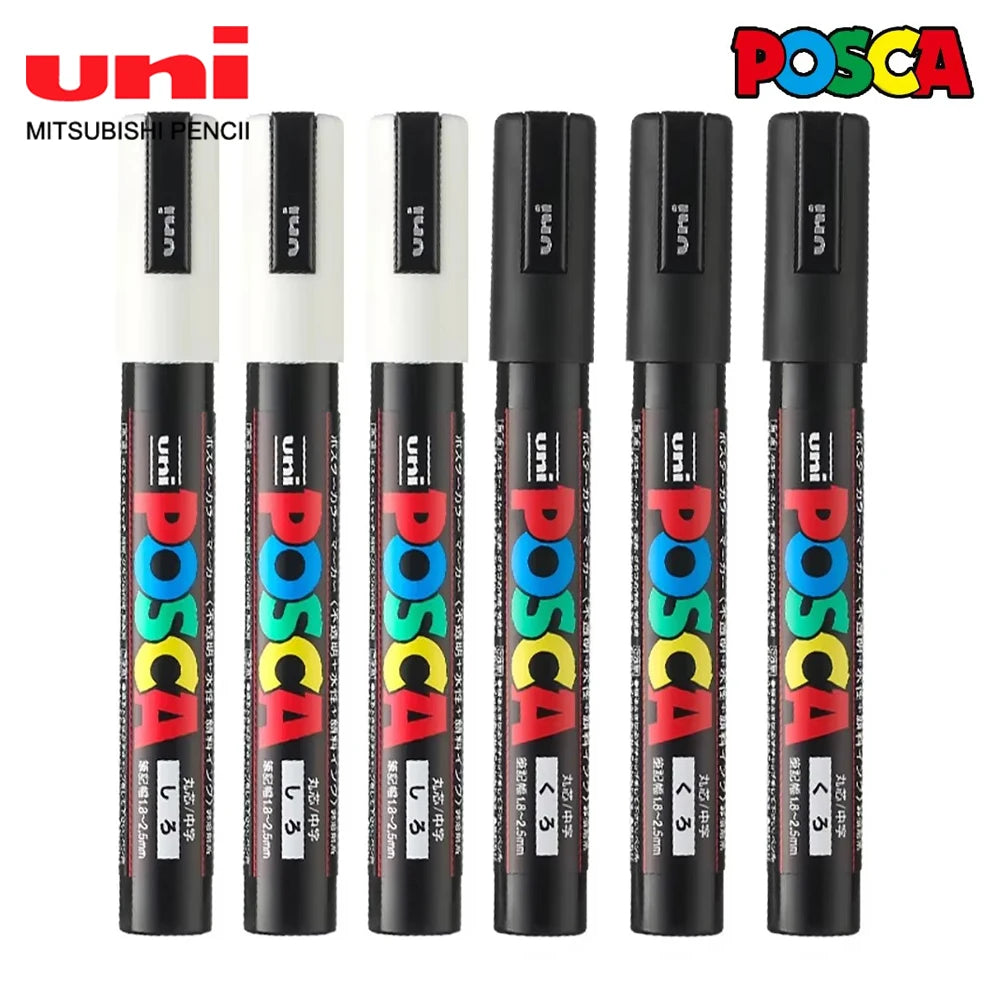 5pcs Japan UNI POSCA Markers Pen Acrylic White Black Highlighting Pen Graffiti PC-1M/3M/5M Wholesale Painting Art Supplies