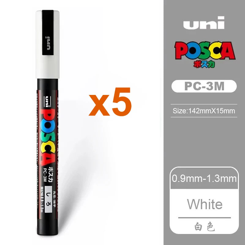 5pcs Japan UNI POSCA Markers Pen Acrylic White Black Highlighting Pen Graffiti PC-1M/3M/5M Wholesale Painting Art Supplies