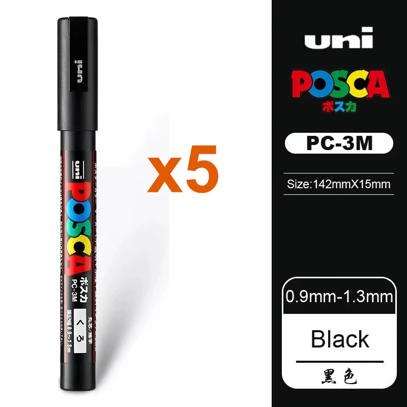 5pcs Japan UNI POSCA Markers Pen Acrylic White Black Highlighting Pen Graffiti PC-1M/3M/5M Wholesale Painting Art Supplies