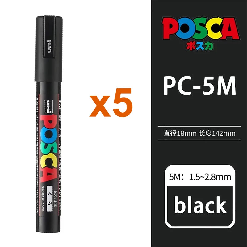 5pcs Japan UNI POSCA Markers Pen Acrylic White Black Highlighting Pen Graffiti PC-1M/3M/5M Wholesale Painting Art Supplies