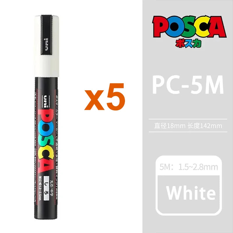 5pcs Japan UNI POSCA Markers Pen Acrylic White Black Highlighting Pen Graffiti PC-1M/3M/5M Wholesale Painting Art Supplies